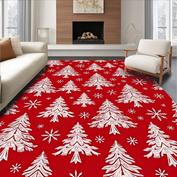ODIKA 3'x5' Machine Washable Non-Slip Area Rug, Festive Snowy Evergreen Needlework Project Holiday High Traffic Rug with Pad, Red, 621517