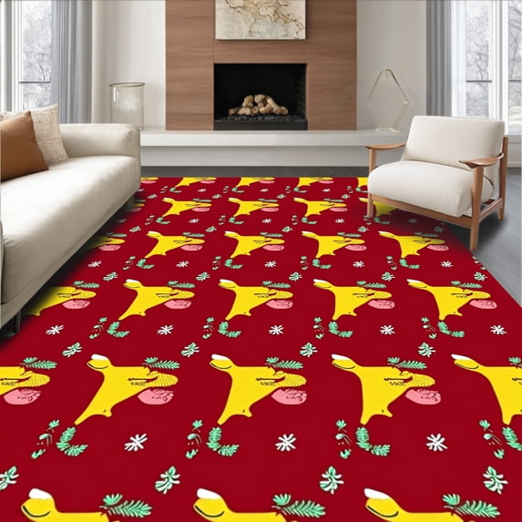 ODIKA 3'x5' Machine Washable Non-Slip Area Rug, Festive With Cheerful Giraffe and Holiday Design High Traffic Rug, Red, 638077