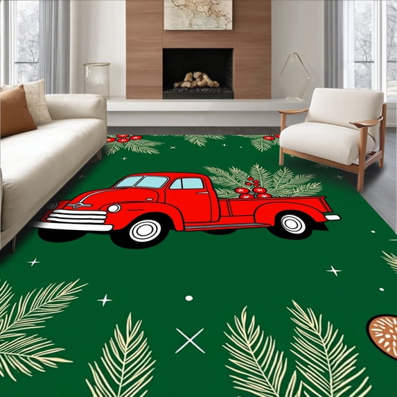 ODIKA 3'x5' Machine Washable Non-Slip Area Rug, Festive Vintage Truck and Pinecones Holiday Floor Duo High Traffic Rug, Green, 622598