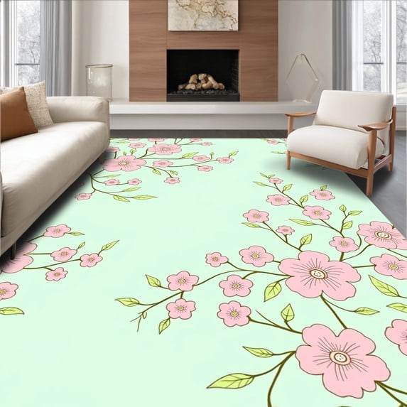 ODIKA 3'x5' Machine Washable Non-Slip Area Rug, Festive Woodland Elf and Rabbit Design with Delicate Springtime Florals High Traffic Rug, Green, 740447