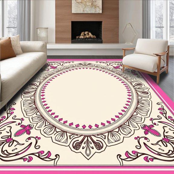 ODIKA 3x5 Machine Washable Non-Slip Area Rug, Floral Paisley Scroll Design Ornamental Traditional Accent High Traffic Rug, Pink, 549630