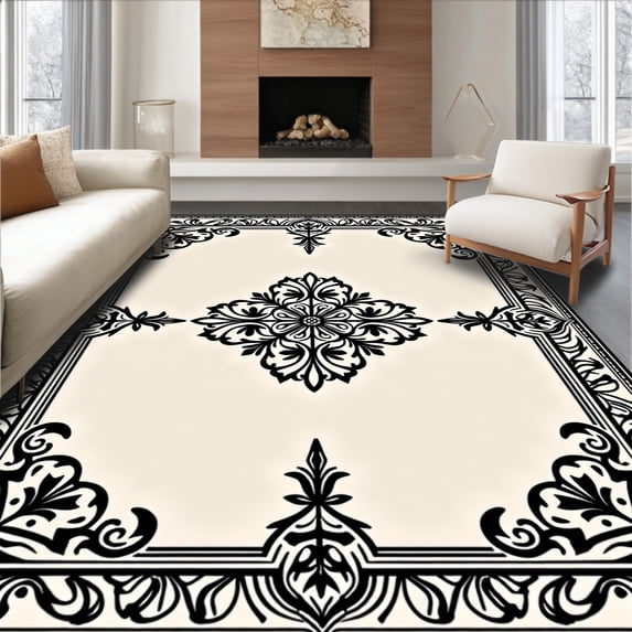 ODIKA 3'x5' Machine Washable Non-Slip Area Rug, Floral Vine Symmetrical Luxurious Baroque Inspiration High Traffic Rug with Pad, Black, 657908