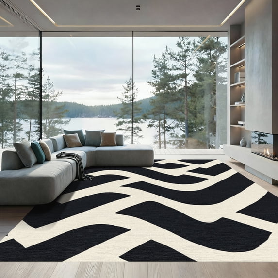 ODIKA 3'x5' Machine Washable Non-Slip Area Rug, Fluid Ribbon with Overlapping Curves and Minimalist Detailing High Traffic Rug, Black, 905713