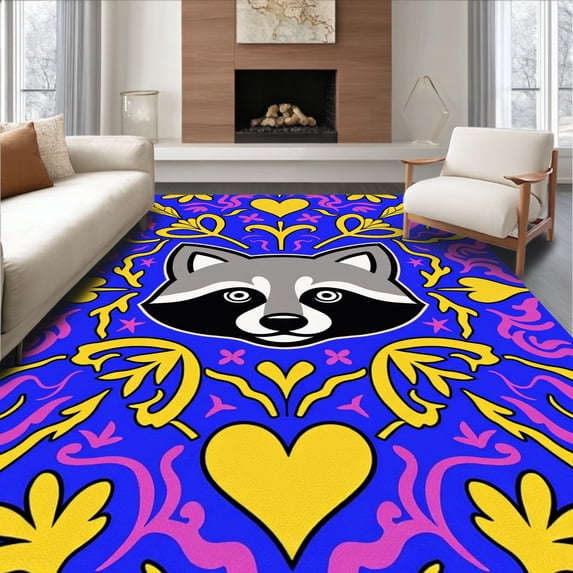 ODIKA 3'x5' Machine Washable Non-Slip Area Rug, Folk Art Raccoon Mosaic with Interlocking Floral and High Traffic Rug, Blue, 619372