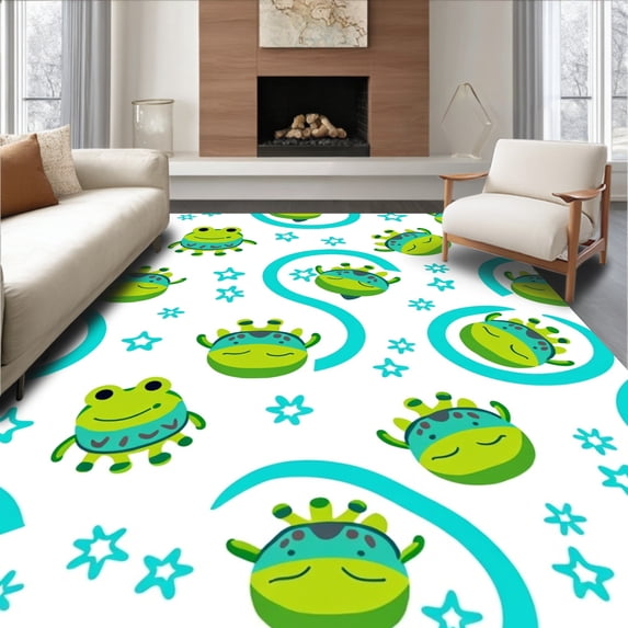 ODIKA 3'x5' Machine Washable Non-Slip Area Rug, Frog and Alligator Friends with Playful Splash Motif Interlocking Waves High Traffic Rug with Pad, Green, 720559