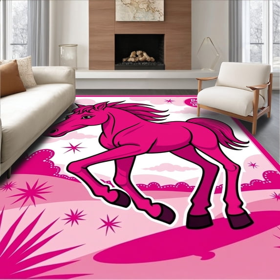 ODIKA 3'x5' Machine Washable Non-Slip Area Rug, Galloping Equine Yarn Art Stitch Embroidery Creation High Traffic Rug with Pad, Pink, 744766