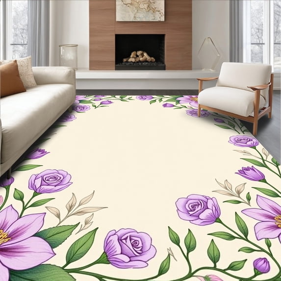 ODIKA 3'x5' Machine Washable Non-Slip Area Rug, Garden Crochet Hook Assembly with Floral Motifs High Traffic Rug with Pad, Purple, 633923