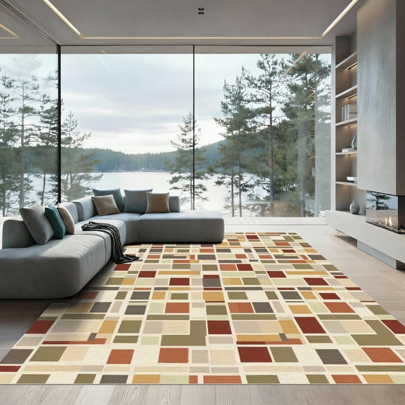 ODIKA 3'x5' Machine Washable Non-Slip Area Rug, Geometric Beige High Traffic Rug, Beige, 1043652