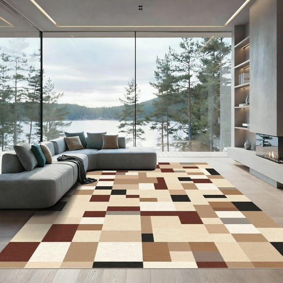 ODIKA 3'x5' Machine Washable Non-Slip Area Rug, Geometric Beige High Traffic Rug, Beige, 1095414