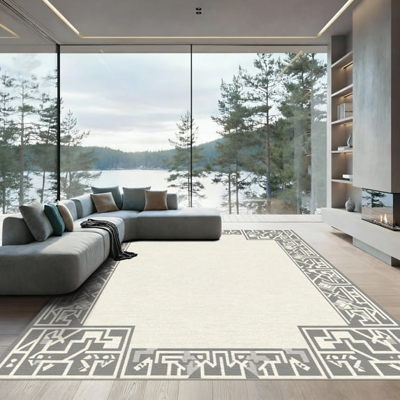 ODIKA 3x5 Machine Washable Non-Slip Area Rug, Geometric Beige High Traffic Rug with Pad, Beige, 1043773