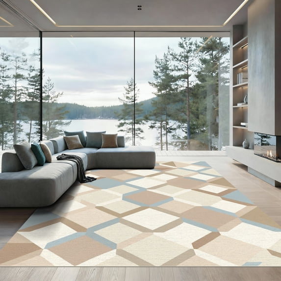 ODIKA 3'x5' Machine Washable Non-Slip Area Rug, Geometric Beige High Traffic Rug with Pad, Beige, 1062230