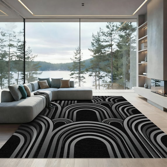 ODIKA 3'x5' Machine Washable Non-Slip Area Rug, Geometric Black High Traffic Rug, Gray, 1102023
