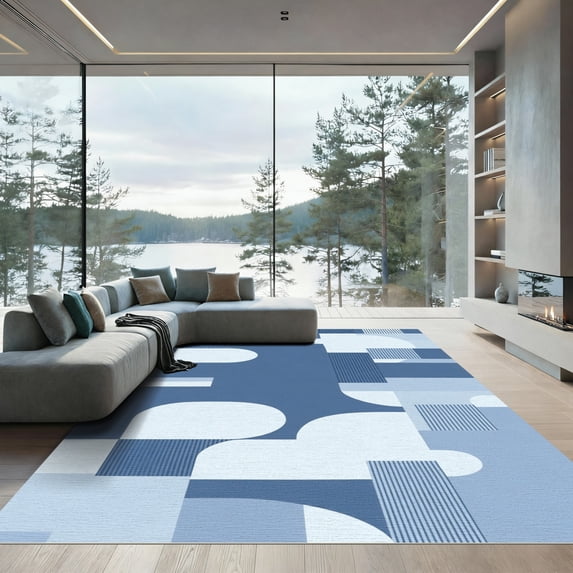 ODIKA 3'x5' Machine Washable Non-Slip Area Rug, Geometric Blue High Traffic Rug, Blue, 1058230