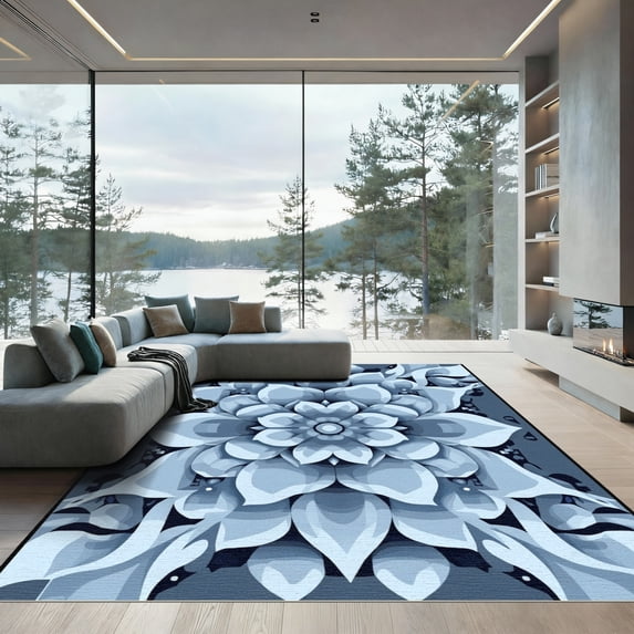 ODIKA 3'x5' Machine Washable Non-Slip Area Rug, Geometric Blue High Traffic Rug, Blue, 1084027