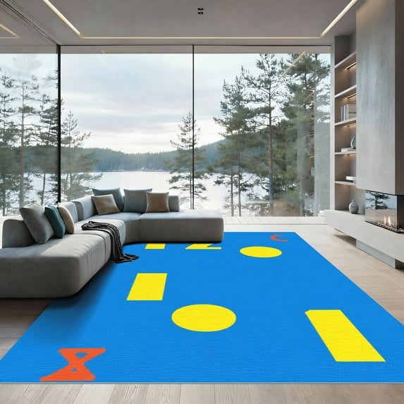 ODIKA 3'x5' Machine Washable Non-Slip Area Rug, Geometric Blue High Traffic Rug with Pad, Blue, 1034636
