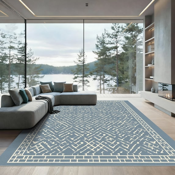 ODIKA 3'x5' Machine Washable Non-Slip Area Rug, Geometric Dusty Blue High Traffic Rug with Pad, Blue, 1056646