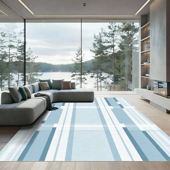 ODIKA 3'x5' Machine Washable Non-Slip Area Rug, Geometric Light Blue High Traffic Rug, Blue, 1055790