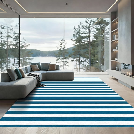 ODIKA 3'x5' Machine Washable Non-Slip Area Rug, Geometric Navy Blue High Traffic Rug, Blue, 1051633