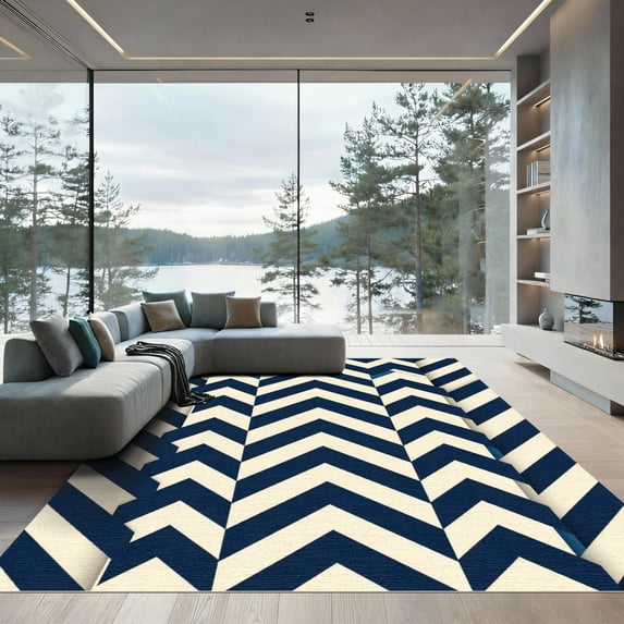 ODIKA 3'x5' Machine Washable Non-Slip Area Rug, Geometric Navy Blue High Traffic Rug, Blue, 1169987