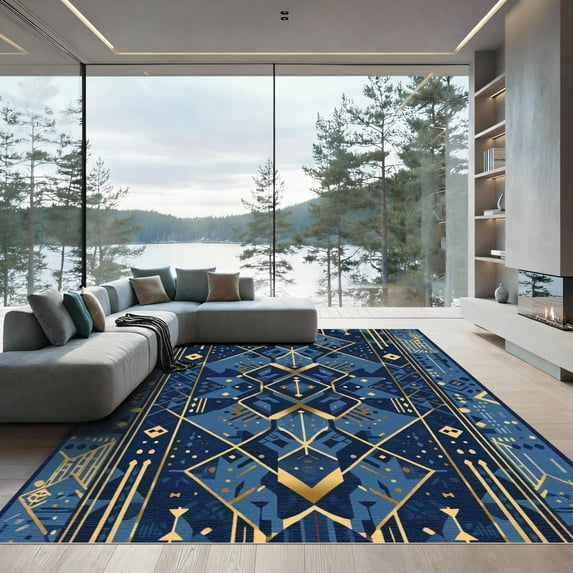 ODIKA 3'x5' Machine Washable Non-Slip Area Rug, Geometric Navy Blue High Traffic Rug with Pad, Blue, 1050866