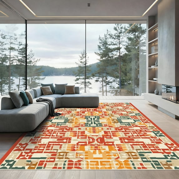 ODIKA 3'x5' Machine Washable Non-Slip Area Rug, Geometric Terracotta High Traffic Rug, Brown, 1085657