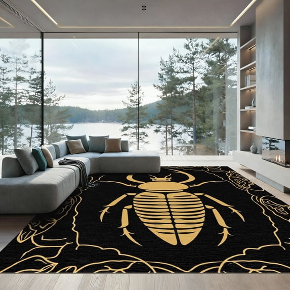 ODIKA 3'x5' Machine Washable Non-Slip Area Rug, Gothic Scarab Print Accent High Traffic Rug with Pad, Black, 915724