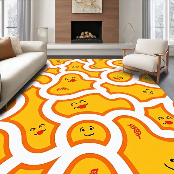 ODIKA 3'x5' Machine Washable Non-Slip Area Rug, Happy Cartoon Face Breakfast High Traffic Rug, Yellow, 721972
