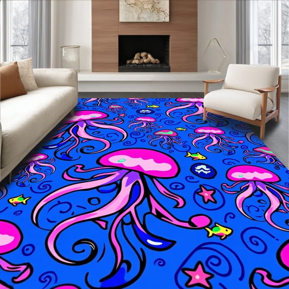 ODIKA 3'x5' Machine Washable Non-Slip Area Rug, Happy Maritime Creatures Mosaic with Jellyfish and Swirling Waves High Traffic Rug, Pink, 720710