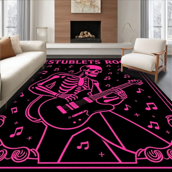 ODIKA 3'x5' Machine Washable Non-Slip Area Rug, Haunting Undead Musician Bones Playing Guitar Artistic Design High Traffic Rug, Black, 703932