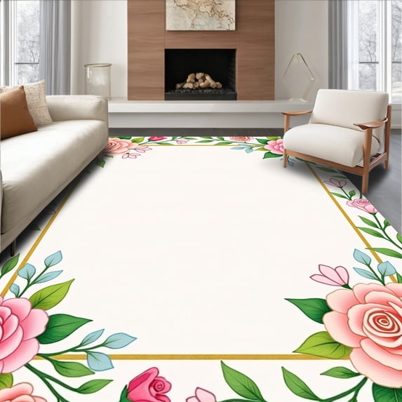 ODIKA 3'x5' Machine Washable Non-Slip Area Rug, Heritage Bouquet Timeless Romantic High Traffic Rug, Pink, 452153