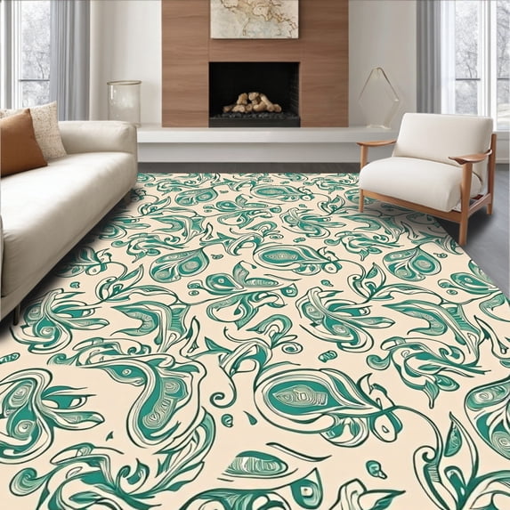 ODIKA 3'x5' Machine Washable Non-Slip Area Rug, Heritage Paisley with Swirling Teardrop High Traffic Rug with Pad, Beige, 665921