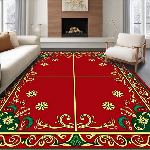 ODIKA 3'x5' Machine Washable Non-Slip Area Rug, Holiday Botanical Filigree with Baroque Flourish Arrangement High Traffic Rug, Red, 472165