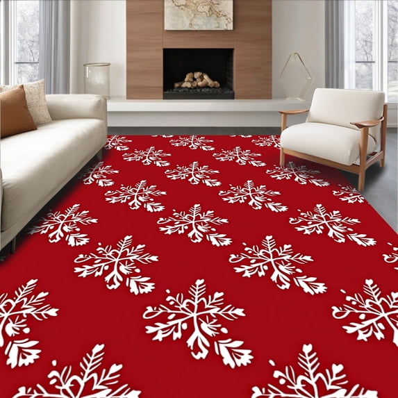 ODIKA 3'x5' Machine Washable Non-Slip Area Rug, Holiday Charm with Twinkling Snowflakes and Stylized Evergreen Branches High Traffic Rug, Red, 615348