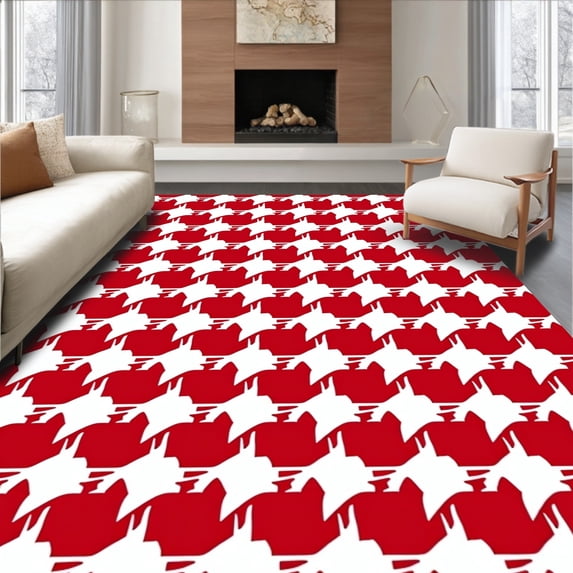 ODIKA 3'x5' Machine Washable Non-Slip Area Rug, Holiday Houndstooth Entrance Accent High Traffic Rug, Red, 508410