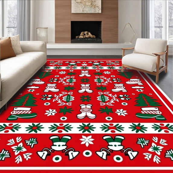 ODIKA 3'x5' Machine Washable Non-Slip Area Rug, Holiday Snow Interlocking Scandinavian Motif High Traffic Rug with Pad, Red, 639261