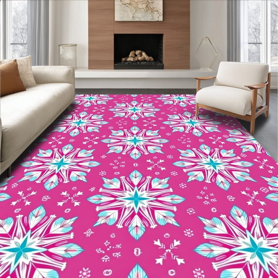 ODIKA 3'x5' Machine Washable Non-Slip Area Rug, Holiday Snowflake Crochet Pillow Kit Embroidery Canvas Winter Design High Traffic Rug, Pink, 650209