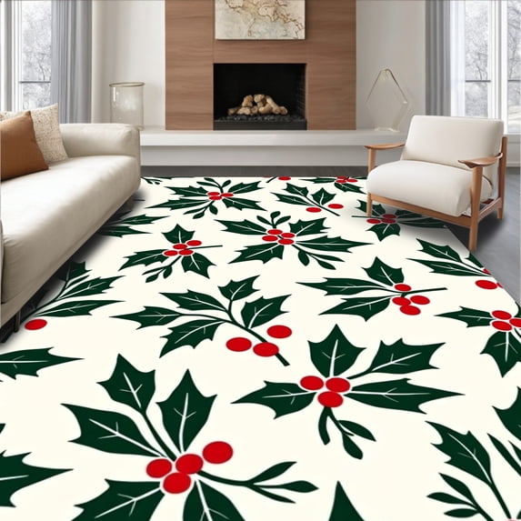 ODIKA 3'x5' Machine Washable Non-Slip Area Rug, Holly Berry Vine Decorative Floor Covering with Seasonal Flourishes High Traffic Rug, Green, 611322