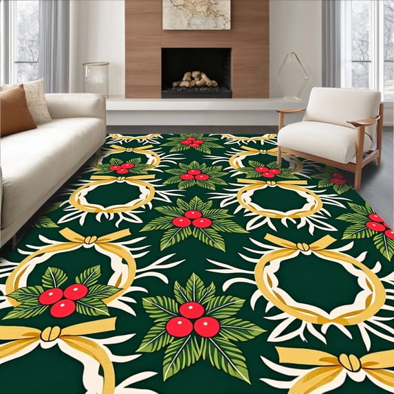 ODIKA 3'x5' Machine Washable Non-Slip Area Rug, Holly Berry Wreath Botanical Duo Slip Resistant Foundation High Traffic Rug with Pad, Green, 622591