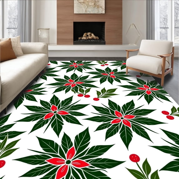 ODIKA 3'x5' Machine Washable Non-Slip Area Rug, Holly Berry Wreath Christmas of Non Slip Holiday High Traffic Rug, Green, 622392