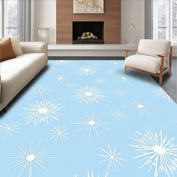 ODIKA 3'x5' Machine Washable Non-Slip Area Rug, Icy Starburst Snowflake with Winter Hues High Traffic Rug with Pad, Blue, 648360