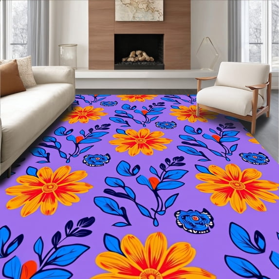 ODIKA 3'x5' Machine Washable Non-Slip Area Rug, Inspired Floral Medallion with Traditional Motifs High Traffic Rug with Pad, Purple, 486879