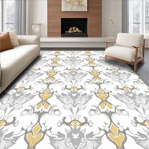 ODIKA 3'x5' Machine Washable Non-Slip Area Rug, Interlocking Latticework Vine Motif with Delicate Botanical Detailing High Traffic Rug, White, 526056