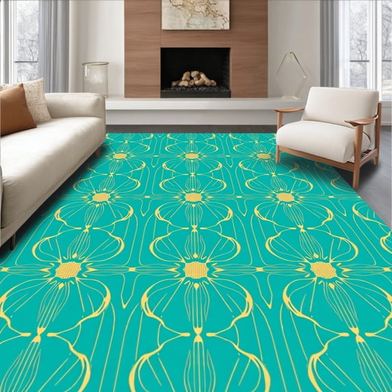 ODIKA 3'x5' Machine Washable Non-Slip Area Rug, Interlocking Waves Motif with Art Inspired Flourishes High Traffic Rug, Blue, 563962