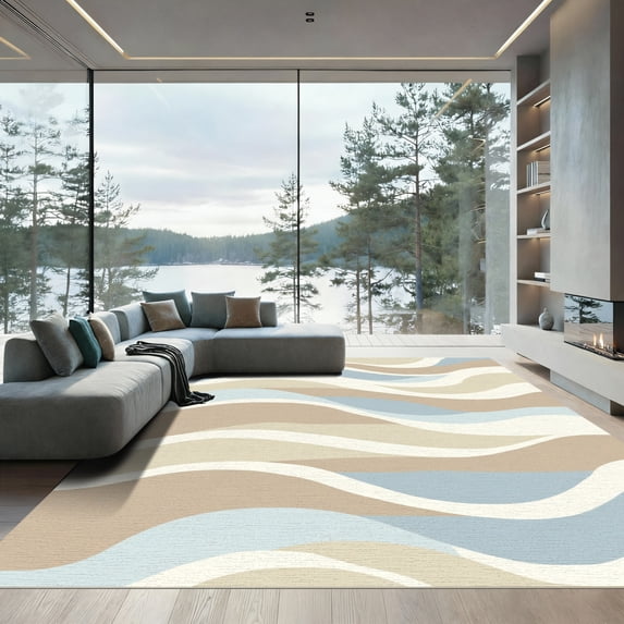 ODIKA 3'x5' Machine Washable Non-Slip Area Rug, Ivory & Beige Abstract Repeating Wave High Traffic Rug with Pad, Beige, 895250