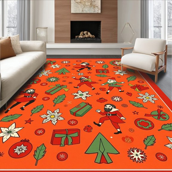 ODIKA 3x5 Machine Washable Non-Slip Area Rug, Jolly Bearded Elves Seasonal Celebration Floor High Traffic Rug, Orange, 617710