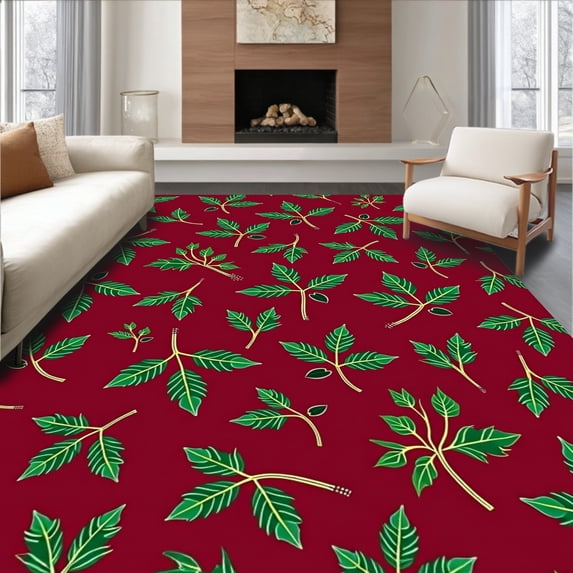 ODIKA 3'x5' Machine Washable Non-Slip Area Rug, Joyful Celebration Yuletide Hearth Accent Throw High Traffic Rug with Pad, Red, 611317