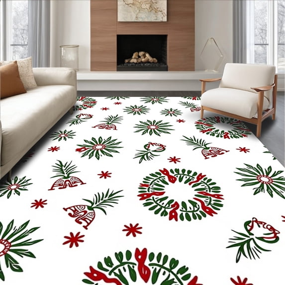 ODIKA 3'x5' Machine Washable Non-Slip Area Rug, Joyful Celebration Yuletide Hearth Decorative Welcome High Traffic Rug with Pad, Green, 610151