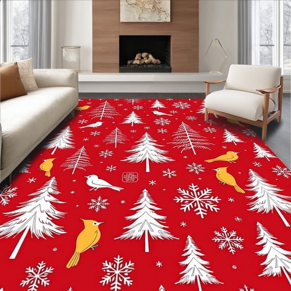 ODIKA 3'x5' Machine Washable Non-Slip Area Rug, Joyful Winter Wonderland Entryway Welcome Seasonal Decoration High Traffic Rug, Red, 505394