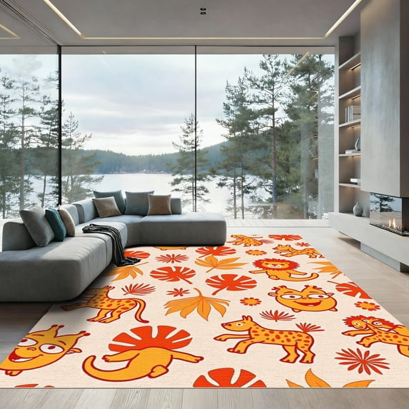 ODIKA 3'x5' Machine Washable Non-Slip Area Rug, Jungle Adventure Safari Wildlife Playmat With Giraffe Lion Monkey High Traffic Rug, Beige, 929055