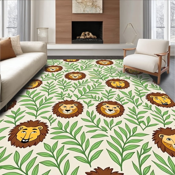 ODIKA 3'x5' Machine Washable Non-Slip Area Rug, Jungle Hideaway Wild Creature Safari Illustration with Leafy Vines High Traffic Rug, Brown, 684041